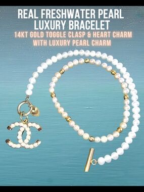 14kt White Pearl Toggle Bracelet with Gold Accents Heart Luxury Charm